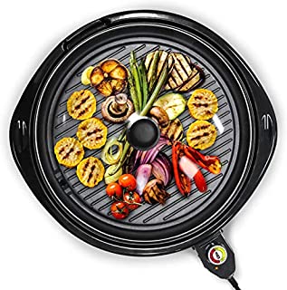 Elite Gourmet EMG-980B Large Indoor Electric Round Nonstick Grill Cool Touch Fast Heat Up Ideal Low-Fat Meals Easy to Clean Design Dishwasher Safe Includes Glass Lid, 14