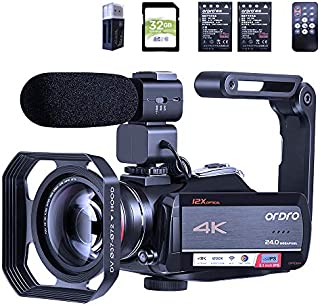 Camcorder 4K ORDRO AC5 Video Camera with 12X Optical Zoom UHD 1080P 60FPS Vlog Camera Recorder for YouTube Camera with Microphone Wide Angle Lens Handheld Stabilizer Lens Hood 2 Batteries 32G SD Card