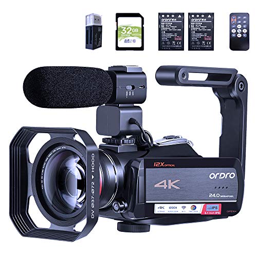 Camcorder 4K ORDRO AC5 Video Camera with 12X Optical Zoom UHD 1080P 60FPS Vlog Camera Recorder for YouTube Camera with Microphone Wide Angle Lens Handheld Stabilizer Lens Hood 2 Batteries 32G SD Card