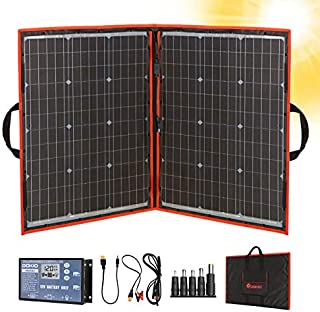 Dokio 100W 18V PORTABLE FOLDABLE Solar Panel Kit (21x28inch, 5.9lb) Monocrystalline(HIGH Efficiency) with CONTROLLER 2 USB Output to Charge 12V Batteries (All Types: Vented AGM Gel) RV Camper Boat