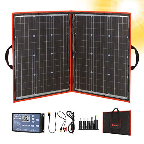 Dokio 100W 18V PORTABLE FOLDABLE Solar Panel Kit (21x28inch, 5.9lb) Monocrystalline(HIGH Efficiency) with CONTROLLER 2 USB Output to Charge 12V Batteries (All Types: Vented AGM Gel) RV Camper Boat