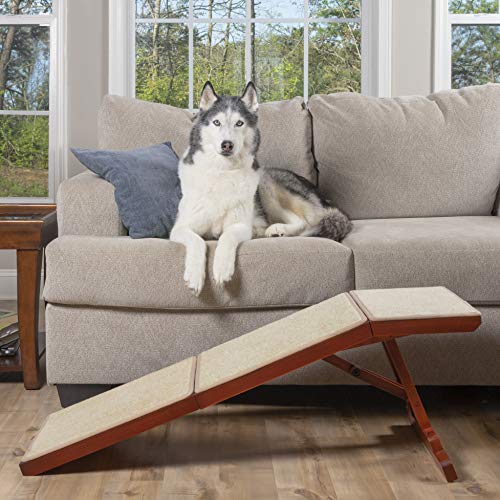 PetSafe CozyUp Sofa Ramp - Durable Wooden Pet Ramp Holds up to 100 lb - Great Couch Access for Dogs and Cats - Cherry Finish with Non-Slip Carpet Tread - Folds for Easy Storage