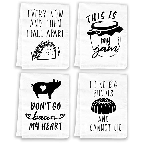 Miracu Funny Kitchen Towels and Dishcloths Sets of 4 - Birthday, Housewarming Gifts New Home - Cotton Dish Towels for Drying Dishes - Cute Decorative Hand Towels, Tea Towels, Flour Sack Towels, White