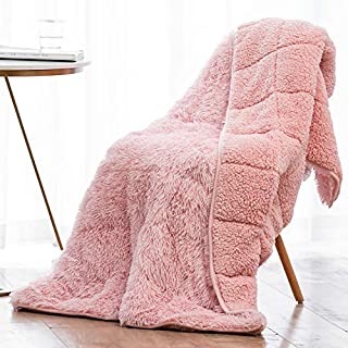 Wemore Shaggy Long Fur Faux Fur Weighted Blanket, Cozy and Fluffy Plush Sherpa Long Hair Blanket for Adult 15lbs, Fluffy Fuzzy Sherpa Reverse Heavy Blanket for Bed, Couch, Pink, 48 x 72 Inches