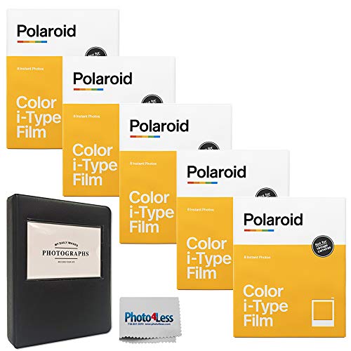 Polaroid Color Film for I-Type (8 Exposures) x 5 + Black Album Holds 32 Photos + Cloth