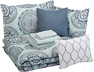 Amazon Basics 10-Piece Bed-in-a-Bag - Soft, Easy-Wash Microfiber - Full/Queen, Sea Foam Medallion