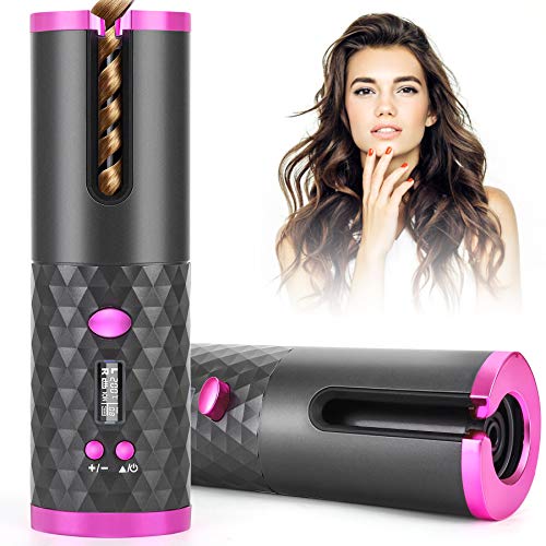 Hair Curler, Wireless Automatic Curling Iron Portable Ceramic Barrel Hair Curling Wand with LCD Display 6 Adjustable Temperature Rechargeable Cordless Auto Curler
