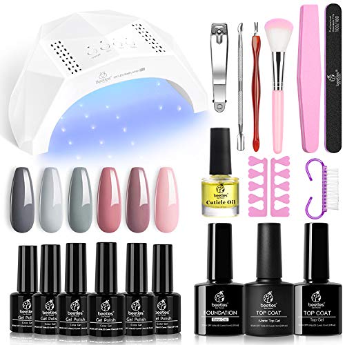 Beetles Gel Nail Polish Kit with U V Light 48W LED Nail Lamp Nude Grays Pink Gel Nail Polish Starter Kit Manicure, Soak Off U V LED Gel Nail Polish Set DIY Home Gel Nail Kit Designs Gifts for Women