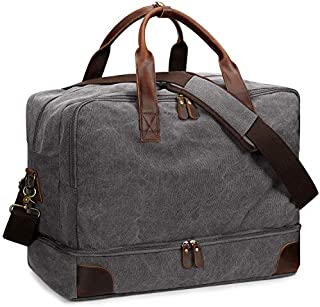 S-ZONE Mens Canvas Duffel Bag Travel Weekend Overnight Bag with Shoes Laptop Compartment 2.0 Version (Light Grey)