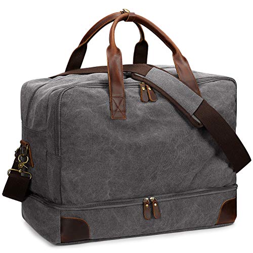 S-ZONE Mens Canvas Duffel Bag Travel Weekend Overnight Bag with Shoes Laptop Compartment 2.0 Version (Light Grey)