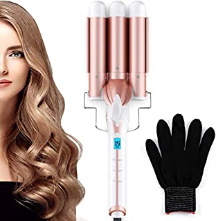 3 Barrel Curling Iron Wand, Ohuhu 1 Inch Ceramic Tourmaline Triple Barrels, Hair Waver Curling Iron Temperature Adjustable Portable Hair Waver Heats Up Quickly with LCD Temp Display, Rose Gold