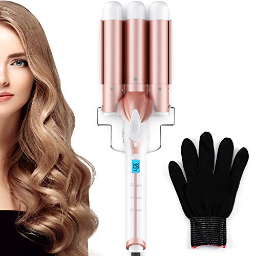 3 Barrel Curling Iron Wand, Ohuhu 1 Inch Ceramic Tourmaline Triple Barrels, Hair Waver Curling Iron Temperature Adjustable Portable Hair Waver Heats Up Quickly with LCD Temp Display, Rose Gold