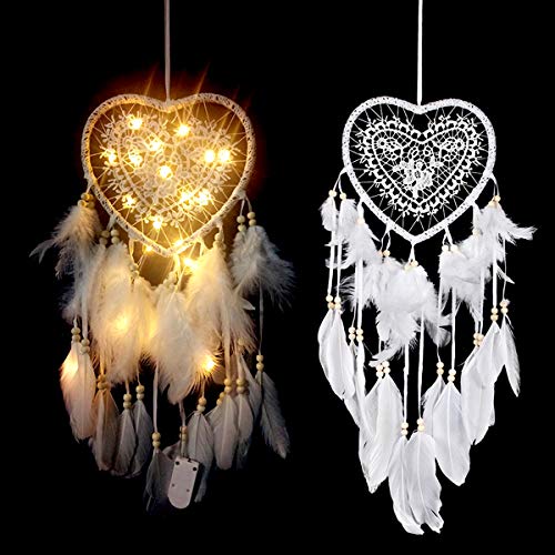 elify Love Dream Catcher, Traditional Decoration White Heart Dreamcatcher Handmade Net Wall Hanging Ornament with Led Light Feather Beads for Kids Teen Girl Woman Bedroom Decor Blessing Gift(1pcs)