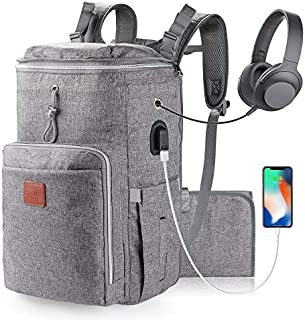 Large Diaper Bag Backpack for Twins or Two Kids, Expandable Grey Baby Diaper Bag for Mom Dad Extra Large Travel Diaper Backpack with USB Charging Port, Changing Pad, Stroller Straps