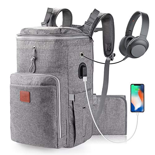 Large Diaper Bag Backpack for Twins or Two Kids, Expandable Grey Baby Diaper Bag for Mom Dad Extra Large Travel Diaper Backpack with USB Charging Port, Changing Pad, Stroller Straps