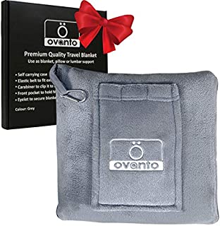 Ovanto Soft Grey Travel Blanket - Premium Compact Pack Airplane Pillow Blanket with Backpack Clip, Pocket and Hand Luggage Belt - Lightweight, Warm, Durable and Portable 4 in 1 Fleece Blanket 44x60