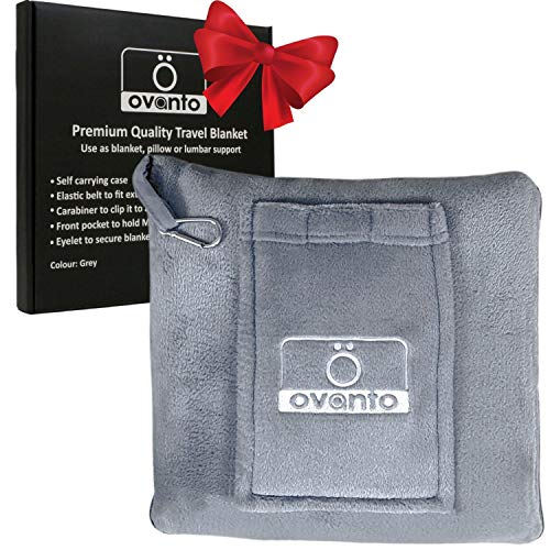 Ovanto Soft Grey Travel Blanket - Premium Compact Pack Airplane Pillow Blanket with Backpack Clip, Pocket and Hand Luggage Belt - Lightweight, Warm, Durable and Portable 4 in 1 Fleece Blanket 44x60