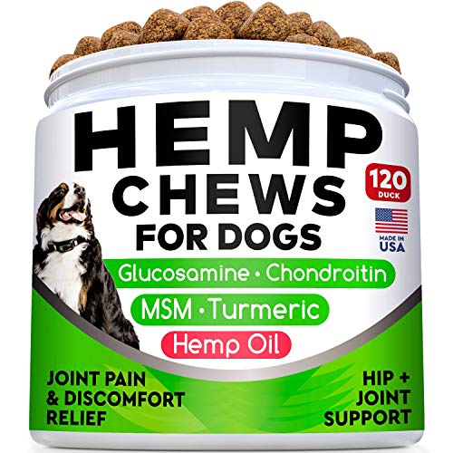 All-Natural Hemp Chews + Glucosamine for Dogs - Advanced Hip & Joint Supplement w/Hemp Oil Turmeric MSM Chondroitin + Hemp Protein to Improve Mobility - Joint Pain Relief Made in USA - Duck Flavor