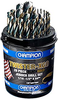 Champion Cutting Tool Corp TWISTER-XGO Champion Cutting Tool Heavy Duty Black & Gold 29Piece Jobber Drill Bit Set- Made In USA, 135° Split Pt, 1/16