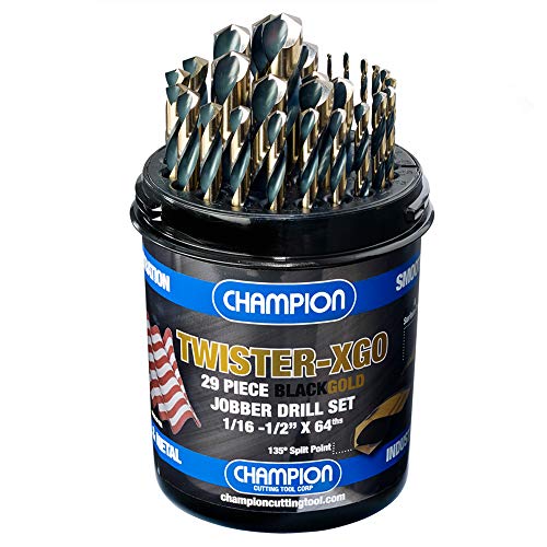 Champion Cutting Tool Corp TWISTER-XGO Champion Cutting Tool Heavy Duty Black & Gold 29Piece Jobber Drill Bit Set- Made In USA, 135° Split Pt, 1/16