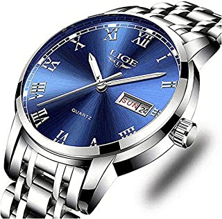 Watches Men Fashion Sport Waterproof Analog Quartz Wristwatch Men Luxury Brand LIGE Chronograph Watch Gents Silver Stainless Steel Blue Business Clock