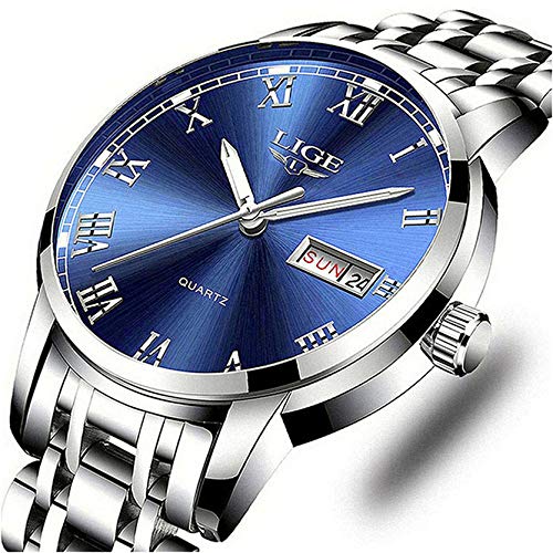 Watches Men Fashion Sport Waterproof Analog Quartz Wristwatch Men Luxury Brand LIGE Chronograph Watch Gents Silver Stainless Steel Blue Business Clock