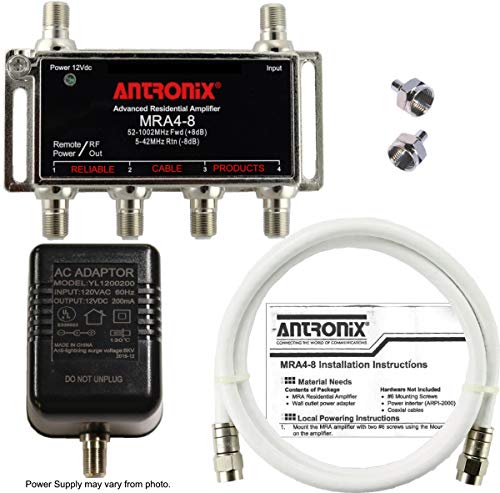 4-Port Cable TV/Antenna/HDTV/Internet Digital Signal Amplifier/Booster/Splitter with Passive Return, Coax Cable, F59 Terminators (Antronix MRA4-8)