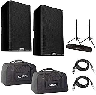 QSC 2x K12.2 K.2 Series 12in 2-Way 2000 Watt Powered Speaker - with 2x 20' 8mm XLR Mic Cable, 2x QSC Nylon/Cordura Soft Padded Tote Bag, Ultimate JamStands JS-TS50 Tripod-Style Speaker Stand, Pair