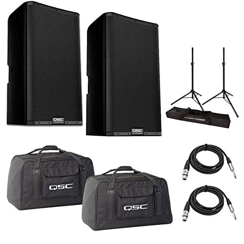 QSC 2x K12.2 K.2 Series 12in 2-Way 2000 Watt Powered Speaker - with 2x 20' 8mm XLR Mic Cable, 2x QSC Nylon/Cordura Soft Padded Tote Bag, Ultimate JamStands JS-TS50 Tripod-Style Speaker Stand, Pair