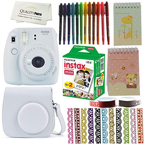 Fujifilm Instax Mini 9 Camera Bundle. Mini 9 Instant Camera + Case + Fujifilm Instax Mini 9 Films (20)+ 10 Colored Pens +2 Mini Photo Albums +13 Rolls Decorative Ribbons (Smokey White)