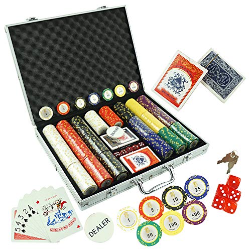 KAILE 14 Gram Poker Chips Set for Texas Holdem, Blackjack, Gambling with Carrying Aluminum Case, Cards, Buttons and 500 Dice Style Casino Clay Chips