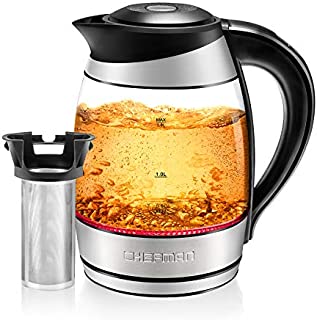 Chefman Electric Kettle w-Temperature Control, Removable, 5 Presets Indicator Lights, 360 deg Swivel Base, BPA Free, Stainless Steel, 1.8 Liters, Colored LED + Tea Infuser