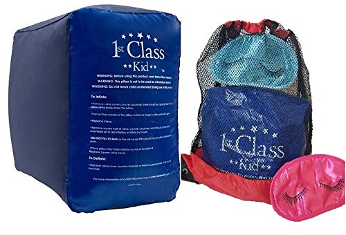 1st Class Kid XL Inflatable FootRest Leg Rest Travel Pillow; Kid Child Toddler Plane Bed, 1 Footstool with 1 Drawstring Bag & 1 Eye Mask. Ideal for Airplane, Car, Home, Office, RV, Camp, Car Pet Bed.