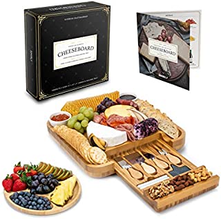 Smirly Cheese Board and Knife Set: 13 x 13 x 2 Inch Wood Charcuterie Platter for Wine, Cheese, Meat