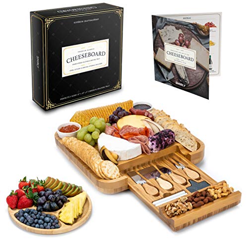 Smirly Cheese Board and Knife Set: 13 x 13 x 2 Inch Wood Charcuterie Platter for Wine, Cheese, Meat