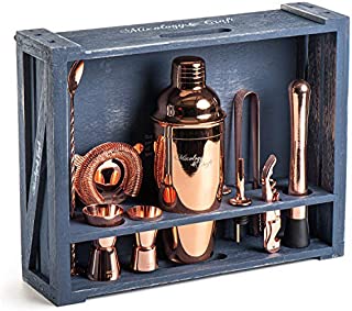 Mixology Bartender Kit: 11-Piece Bar Tool Set with Rustic Wood Stand | Perfect Home Bartending Kit and Cocktail Shaker Set For an Awesome Drink Mixing Experience (Copper)