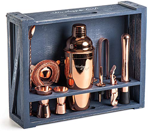 Mixology Bartender Kit: 11-Piece Bar Tool Set with Rustic Wood Stand | Perfect Home Bartending Kit and Cocktail Shaker Set For an Awesome Drink Mixing Experience (Copper)