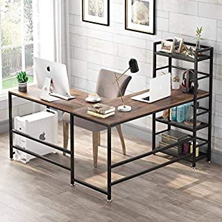 Tribesigns 59 Inch L Shaped Computer Desk, Corner Desk with 4-Tier Storage Shelves, Rustic L-Shaped Desk with Bookshelves for Home Office, Writing Study Workstation PC Gaming Table L Desk (Walnut)