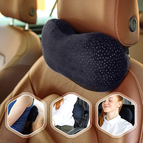 Flexicomfort Car Neck Pillow for Driving - Memory Foam Headrest Pillow with Easy-to-Carry Portable Bag - Compact Multi Purpose Travel Pillow - Machine Washable Soft Plush Cover - Extension Strap