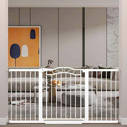 Fairy Baby White Extra Wide Baby Gate Pressure Mounted Pet Gate Walk Thru Child Safety Gate with Extensions (White, 62.60