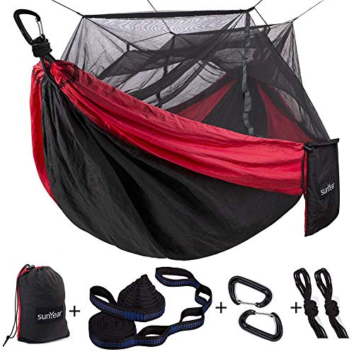 Single & Double Camping Hammock with Mosquito/Bug Net, 10ft Hammock Tree Straps and Carabiners, Easy Assembly, Portable Parachute Nylon Hammock for Camping, Backpacking, Survival, Travel & More