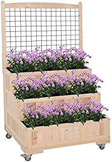 Outsunny 3-Tiers Wooden Raised Garden Bed with Wheels, Trellis, Back Storage Area, Easy Movable for Flowers, Herbs, Natural