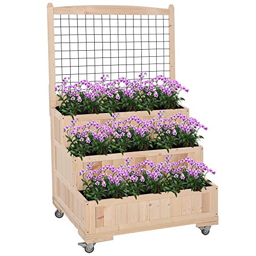 Outsunny 3-Tiers Wooden Raised Garden Bed with Wheels, Trellis, Back Storage Area, Easy Movable for Flowers, Herbs, Natural