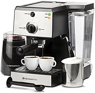 7 Pc All-In-One Espresso Machine & Cappuccino Maker Barista Bundle Set w/ Built-In Steamer & Frother (Inc: Coffee Bean Grinder, Portafilter, Milk Frothing Cup, Spoon/Tamper & 2 Cups), Stainless Steel