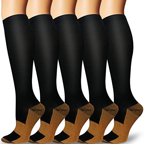 5 Pairs Copper Compression Socks for Women and Men(20-30 mmHg) - Best Medical for Running Athletic Nurses Pregnancy Flight Travel(Black, L/XL)