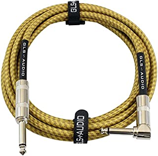 GLS Audio 10 Foot Guitar Instrument Cable - Right Angle 1/4 Inch TS to Straight 1/4 Inch TS 10 FT Brown Yellow Tweed Cloth Jacket - 10 Feet Pro Cord 10' Phono 6.3mm - Single