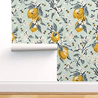 Spoonflower Peel and Stick Removable Wallpaper, Farmhouse Vintage Retro Paint Number Citrus Fruit Bees Lemons Print, Self-Adhesive Wallpaper 12in x 24in Test Swatch