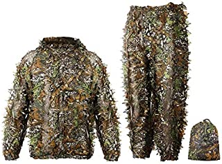 Ghillie 3D Hunting Suit Bionic Green Leaf Woodland Camouflagesuit, Lightweight Breathable Training Uniform Sniper Hunting Shoot in Jungle Grass, Suit for Airsoft Wildlife Photography Hallowee