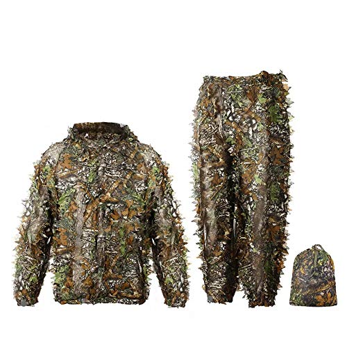 Ghillie 3D Hunting Suit Bionic Green Leaf Woodland Camouflagesuit, Lightweight Breathable Training Uniform Sniper Hunting Shoot in Jungle Grass, Suit for Airsoft Wildlife Photography Hallowee