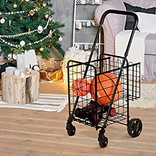 Goplus Folding Shopping Cart Trolley, Grocery Cart Dolly, with Double Basket, Swivel Wheels, Ideal for Laundry Book Luggage Travel, Black